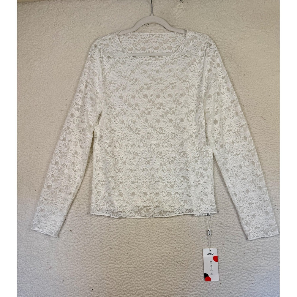 Top Womens XL White Lace Long Sleeve Round Neck Sheer Cottage Festival Coquette